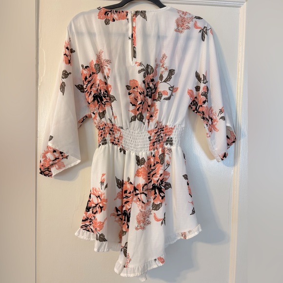 White and Coral Floral Romper - Picture 2 of 3